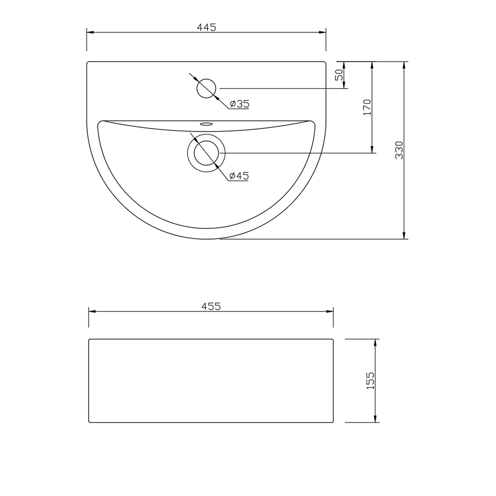 Nio Curved Wall Hung Basin - 445mm Wide - 1 TH - White