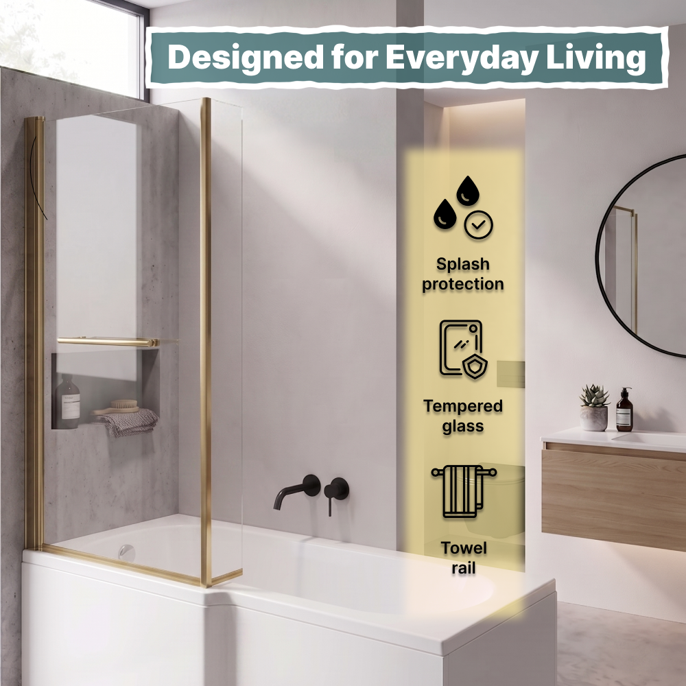 Vector 6mm Glass L Shaped Bath Screen with Towel Rail - 1400 x 805mm