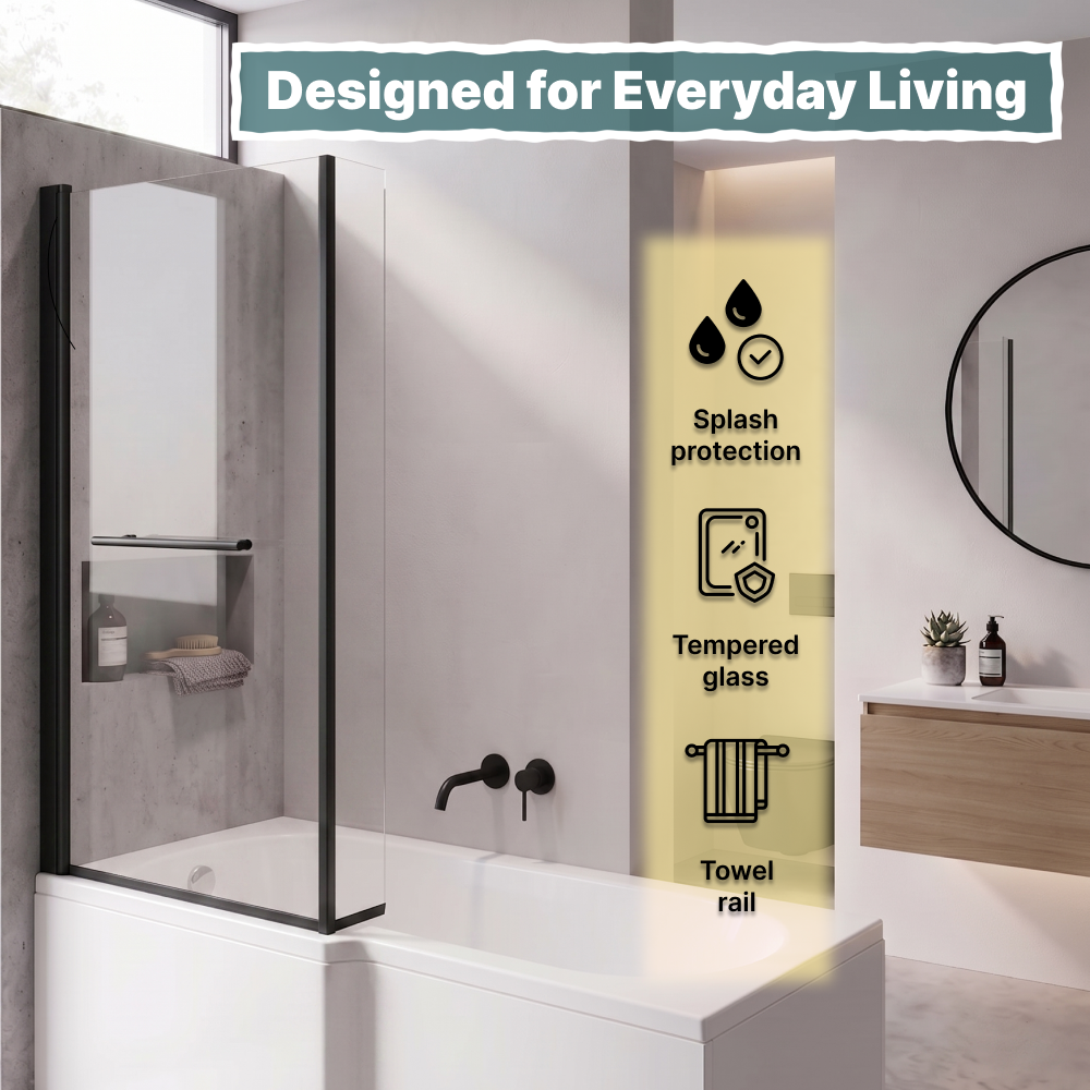 Vector 6mm Glass L Shaped Bath Screen with Towel Rail - 1400 x 805mm