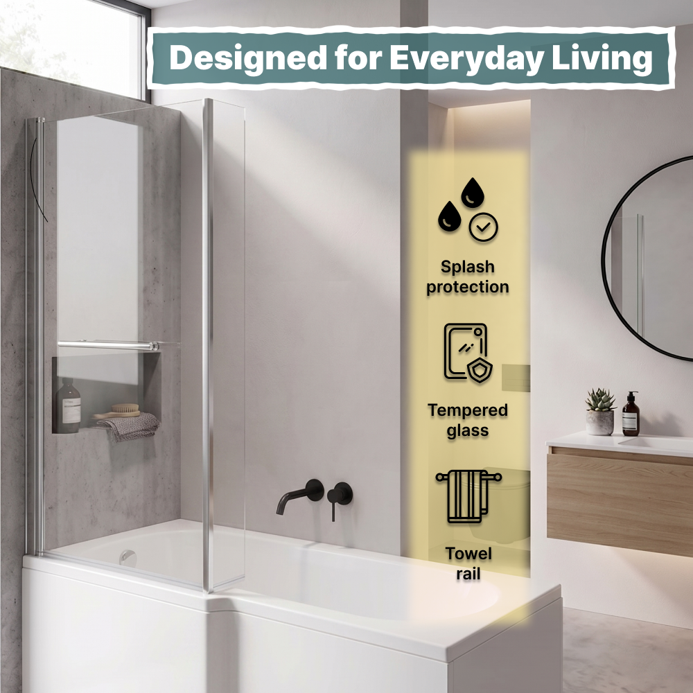 Vector 6mm Glass L Shaped Bath Screen with Towel Rail - 1400 x 805mm