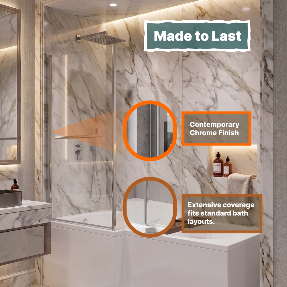 Vector 6mm Glass L Shaped Bath Screen with Towel Rail - 1400 x 805mm