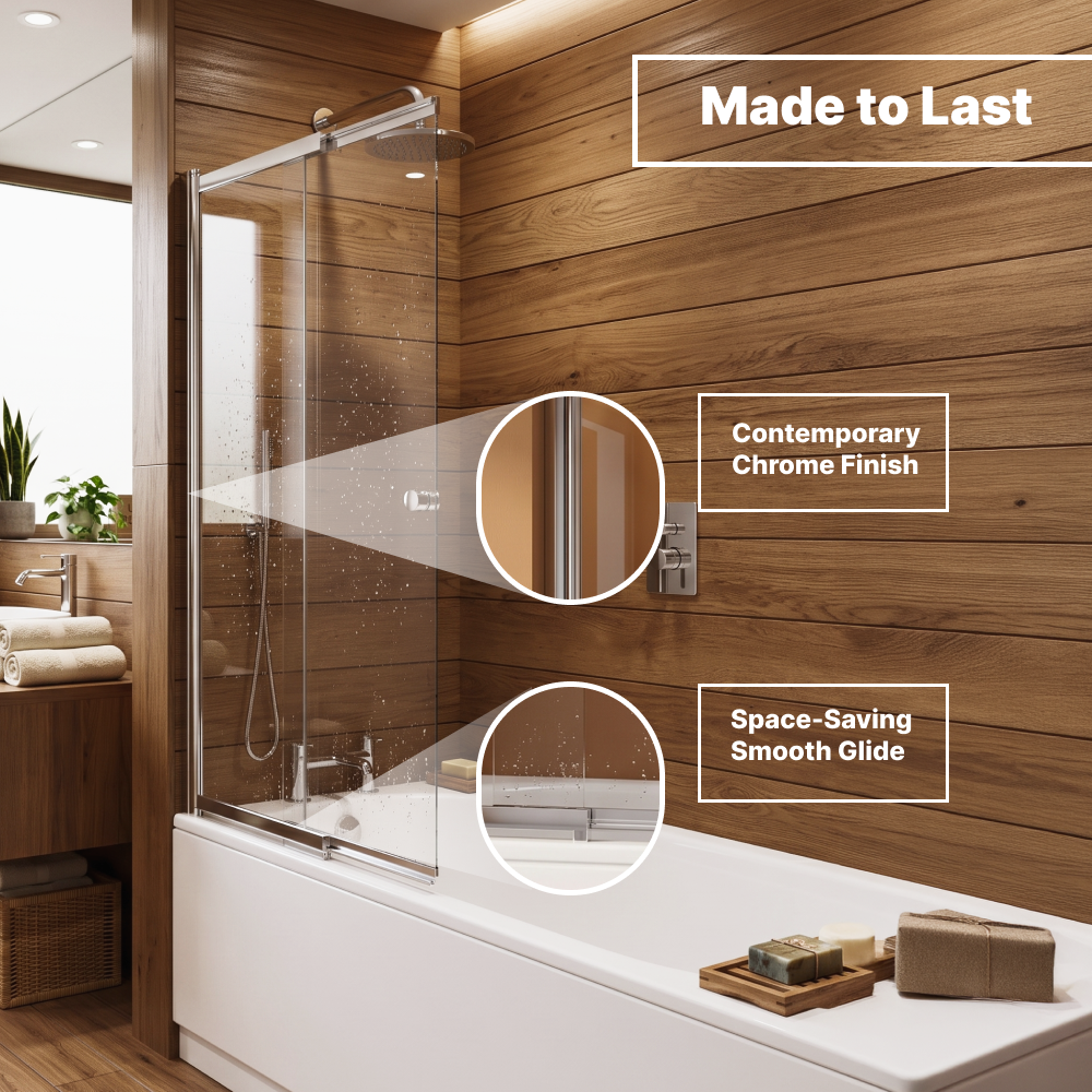 Victor Sliding 6mm Glass Shower Bath Screen with Return Panel - 1400 x 820mm - Chrome