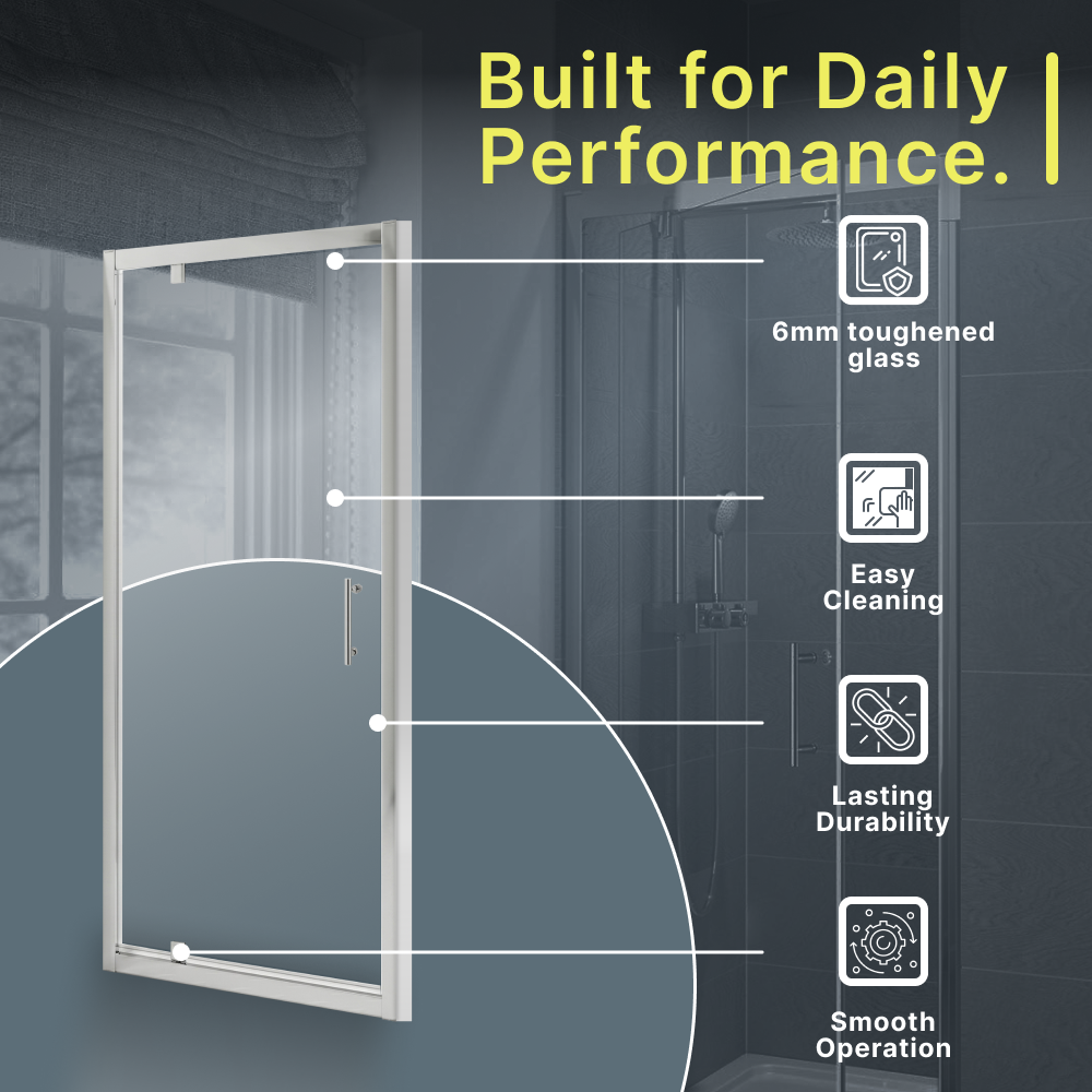 iBathUK Solis 6mm Glass Recessed Pivot Shower Door - Chrome