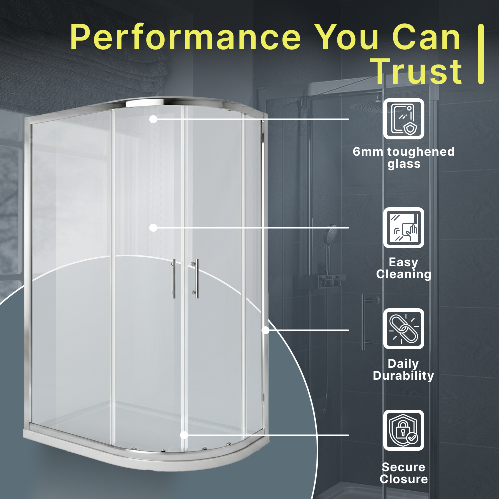 iBathUK Solis 6mm Glass Sliding Door Offset Quadrant Shower Enclosure - Chrome