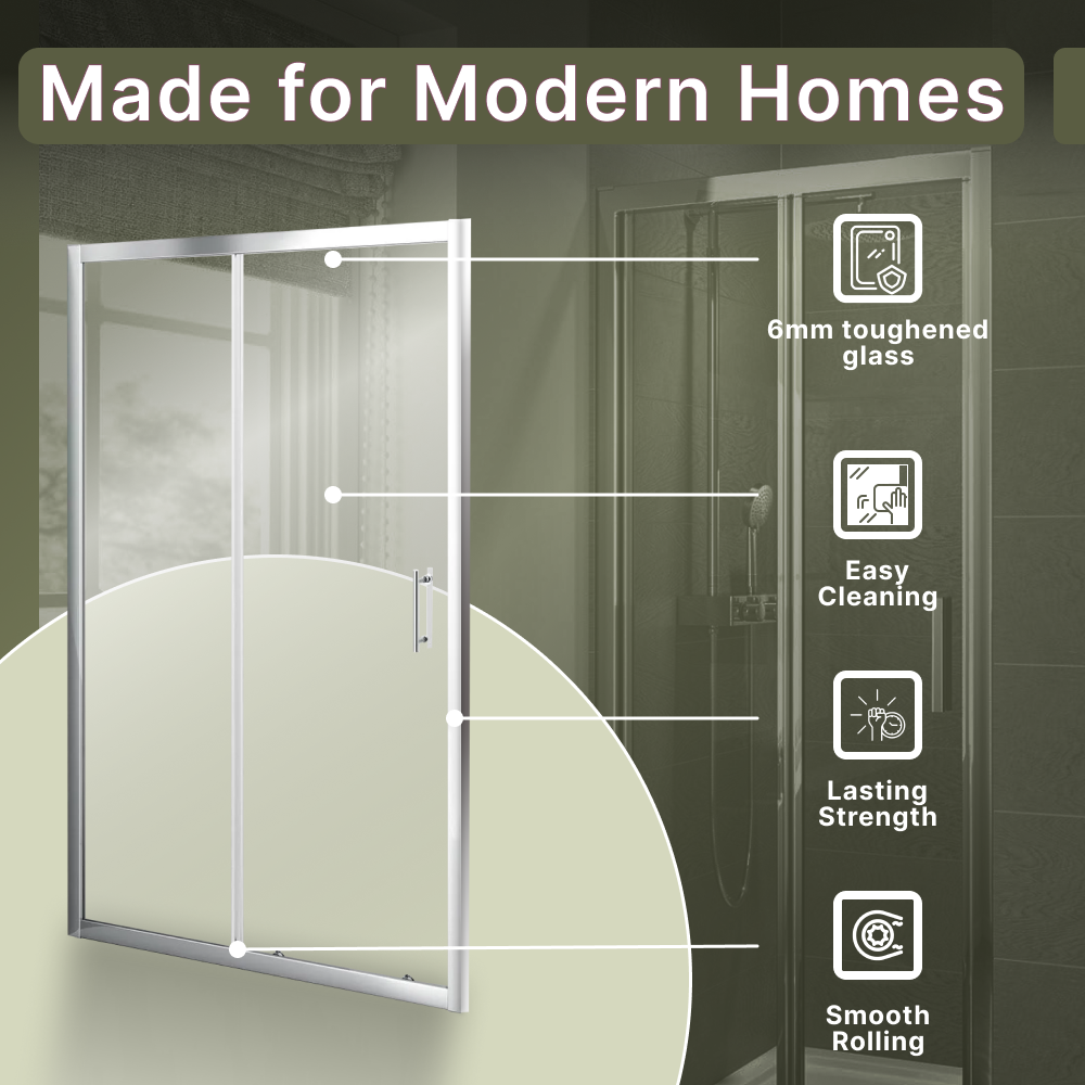 iBathUK Solis 6mm Toughened Safety Glass Recessed Shower Sliding Door - Chrome
