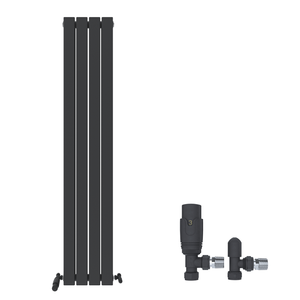 The iBathUK Apex Vertical Double Panel Slim Flat Designer Radiator features three sleek matt anthracite panels and two black metal valves (right-side connectors), styled against a crisp white background.