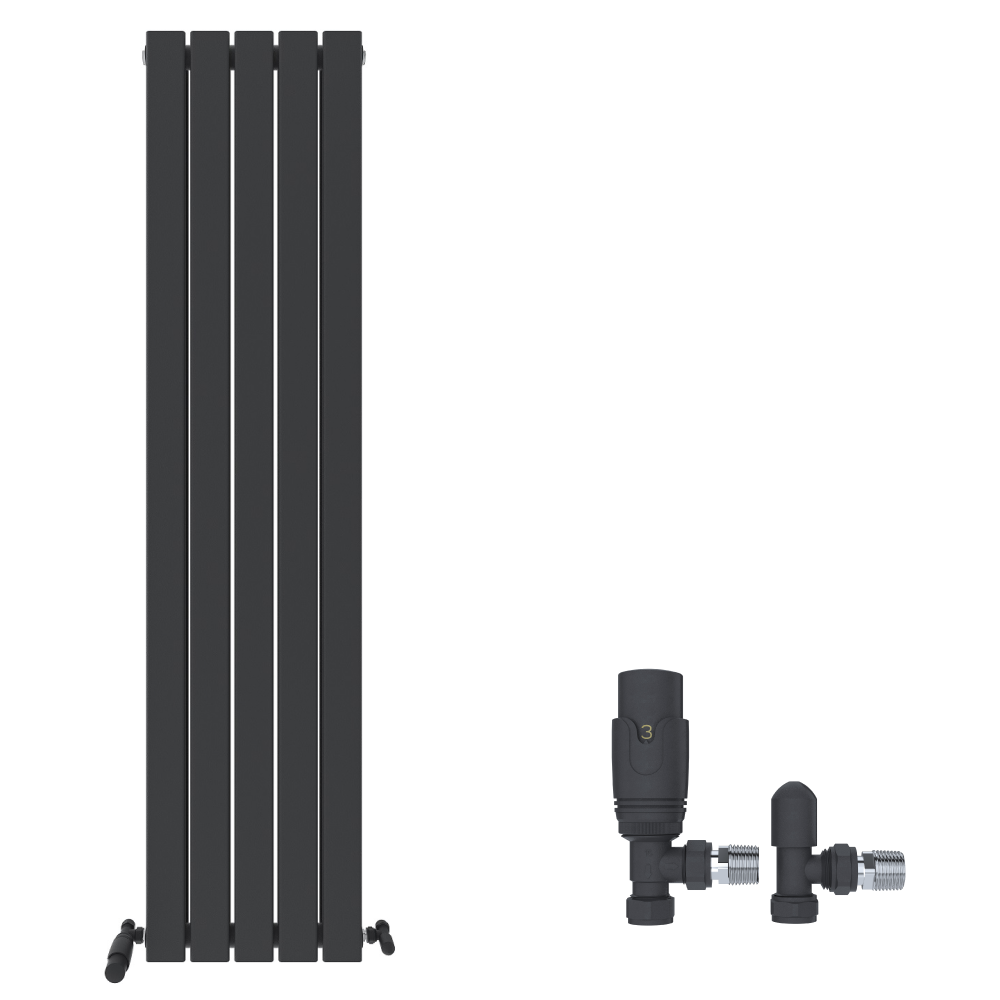 The iBathUK Apex Vertical Double Panel Slim Flat Designer Radiator in matt anthracite is shown on the left, with two black radiator valves and connectors from iBathUK displayed on the right, all set against a white background.
