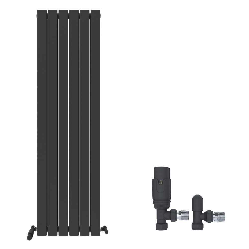 The iBathUK Apex Vertical Double Panel Slim Flat Designer Radiator in matt anthracite features five left-side panels, paired with two black radiator valves and metallic fittings, all set against a white background.