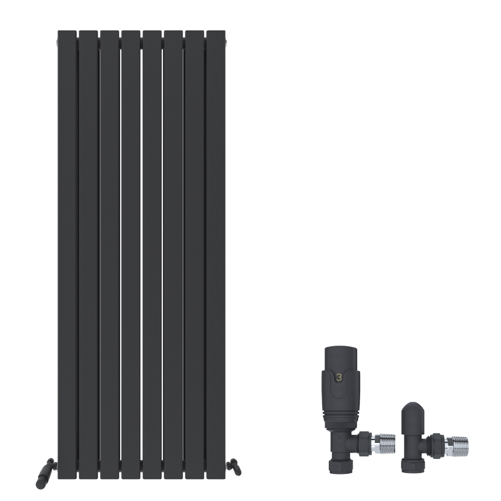 The iBathUK Apex Vertical Double Panel Slim Flat Radiator, a modern matt anthracite designer radiator with seven flat panels, is shown with black valves on a white background.