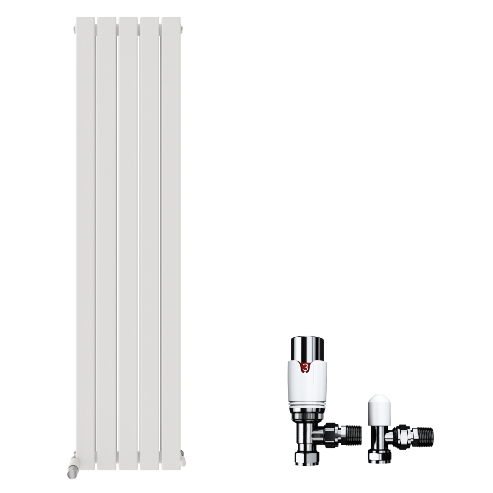 The iBathUK Apex Vertical Double Panel Slim Flat Designer Radiator is tall, white, and features four left panels with two shiny chrome radiator valves on the right, all set against a plain white background.