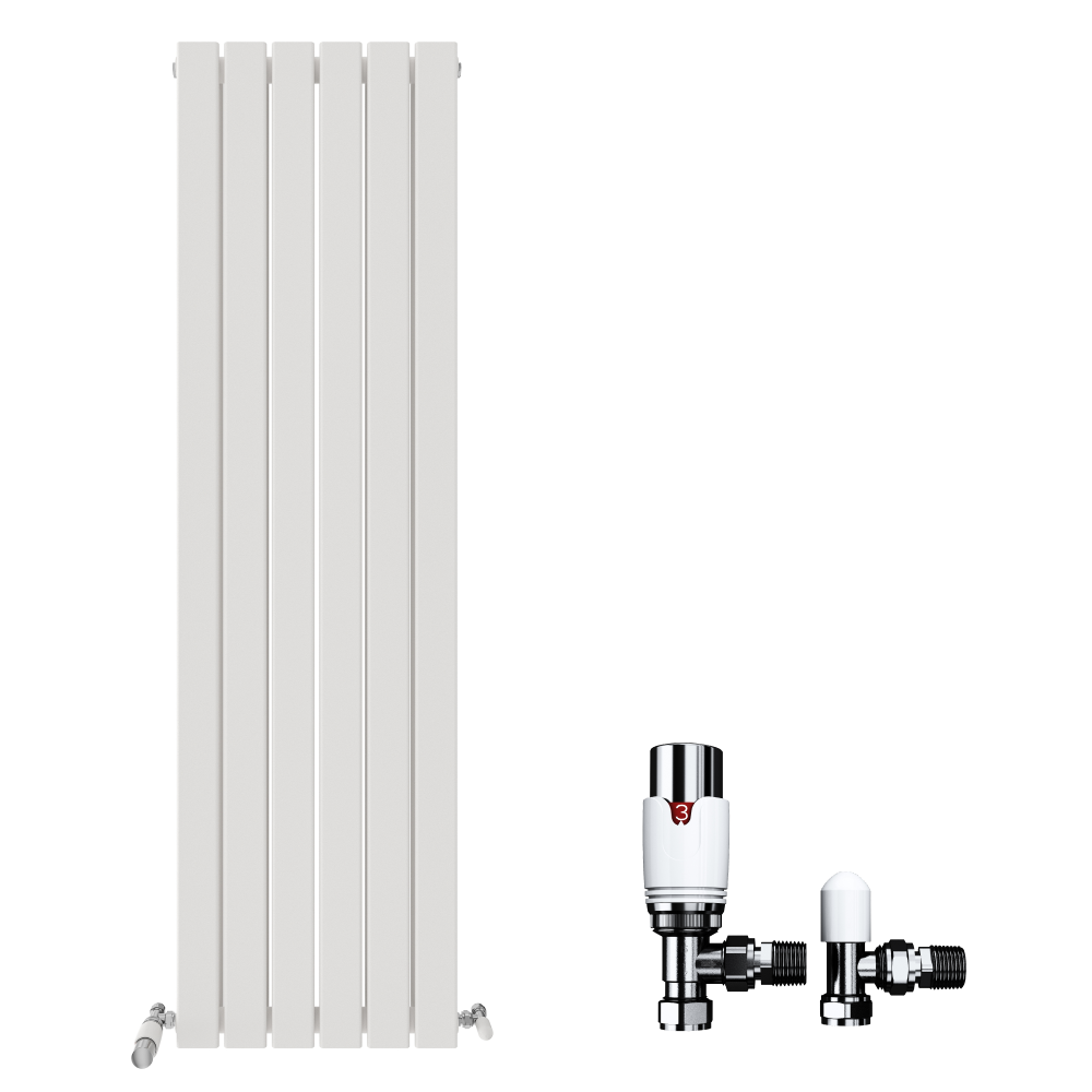 The iBathUK Apex Vertical Double Panel Slim Flat Designer Radiator is shown upright in white with four panels, accompanied by two metallic iBathUK valves: one with a marked white top and the other with a smooth white cap.