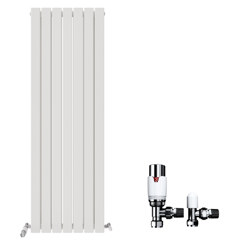 The iBathUK Apex Vertical Double Panel Slim Flat Radiator, a tall white designer radiator with four flat panels, is shown with two metal valves in white and chrome finishes on a plain white background.