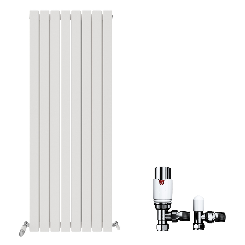 On the left is the iBathUK Apex Vertical Double Panel Slim Flat Designer Radiator in white, featuring six flat panels. On the right are two chrome iBathUK radiator valves—one with a white top and one with a rounded cap.