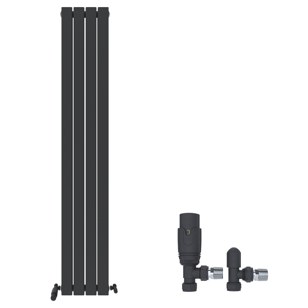 The iBathUK Apex Vertical Double Panel Slim Flat Designer Radiator in matt anthracite is shown on the left, next to a separate black thermostatic valve set and connectors, all displayed against a white background.