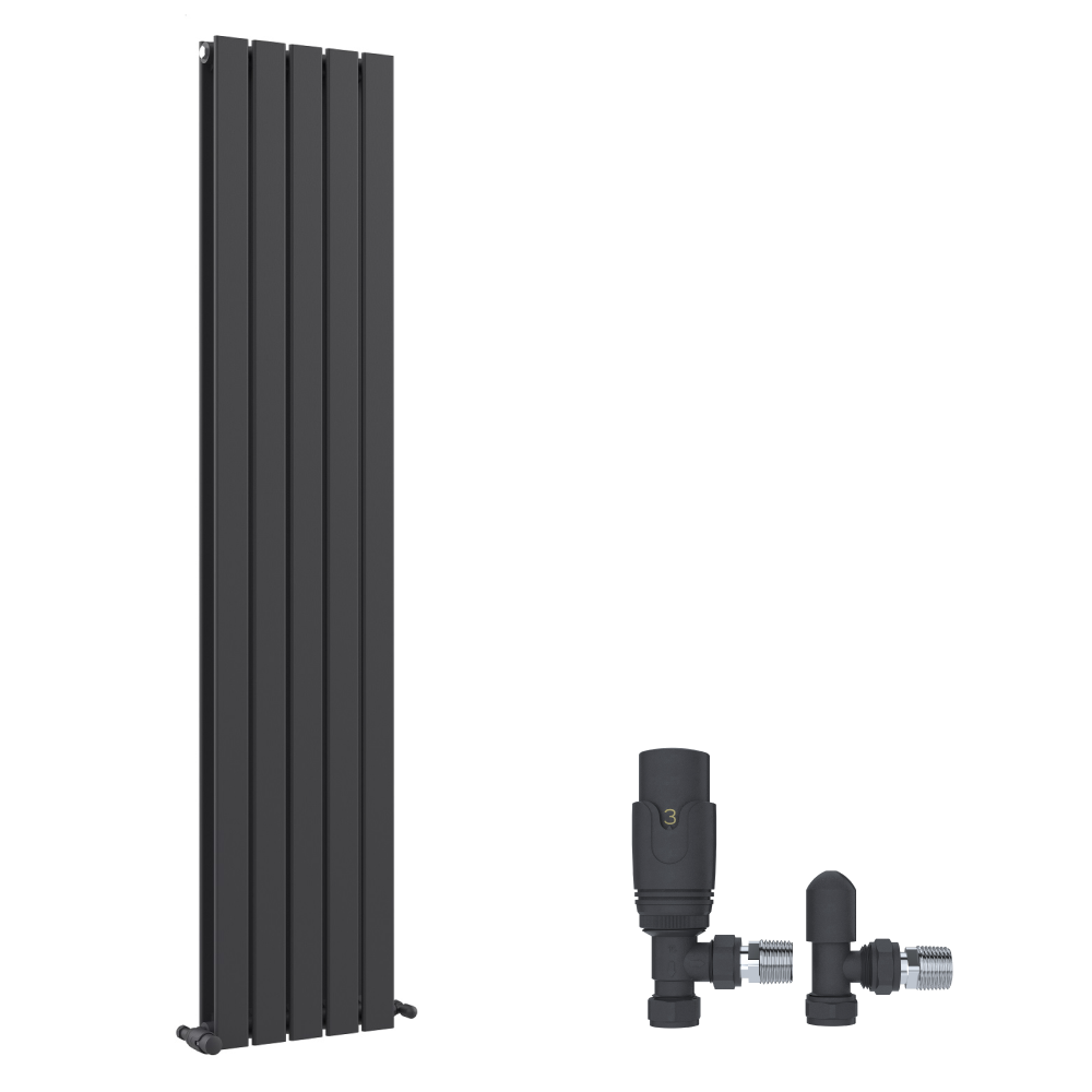 On the left is the iBathUK Apex Vertical Double Panel Slim Flat Designer Radiator in matt anthracite, while on the right is a black thermostatic radiator valve with angled connectors, both set against a white background.