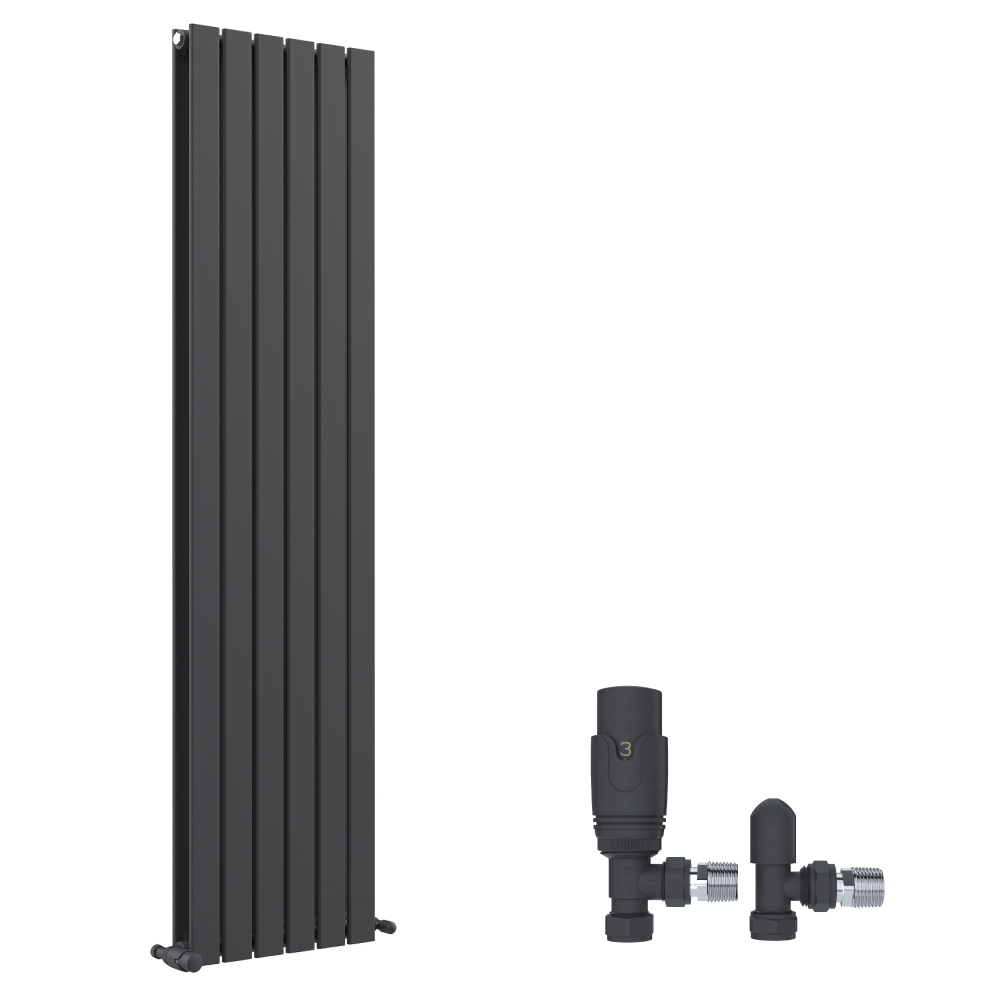 The iBathUK Apex Vertical Double Panel Slim Flat Designer Radiator in matt anthracite, shown with a matching black thermostatic valve set, creates a striking, contemporary look when isolated on a white background.