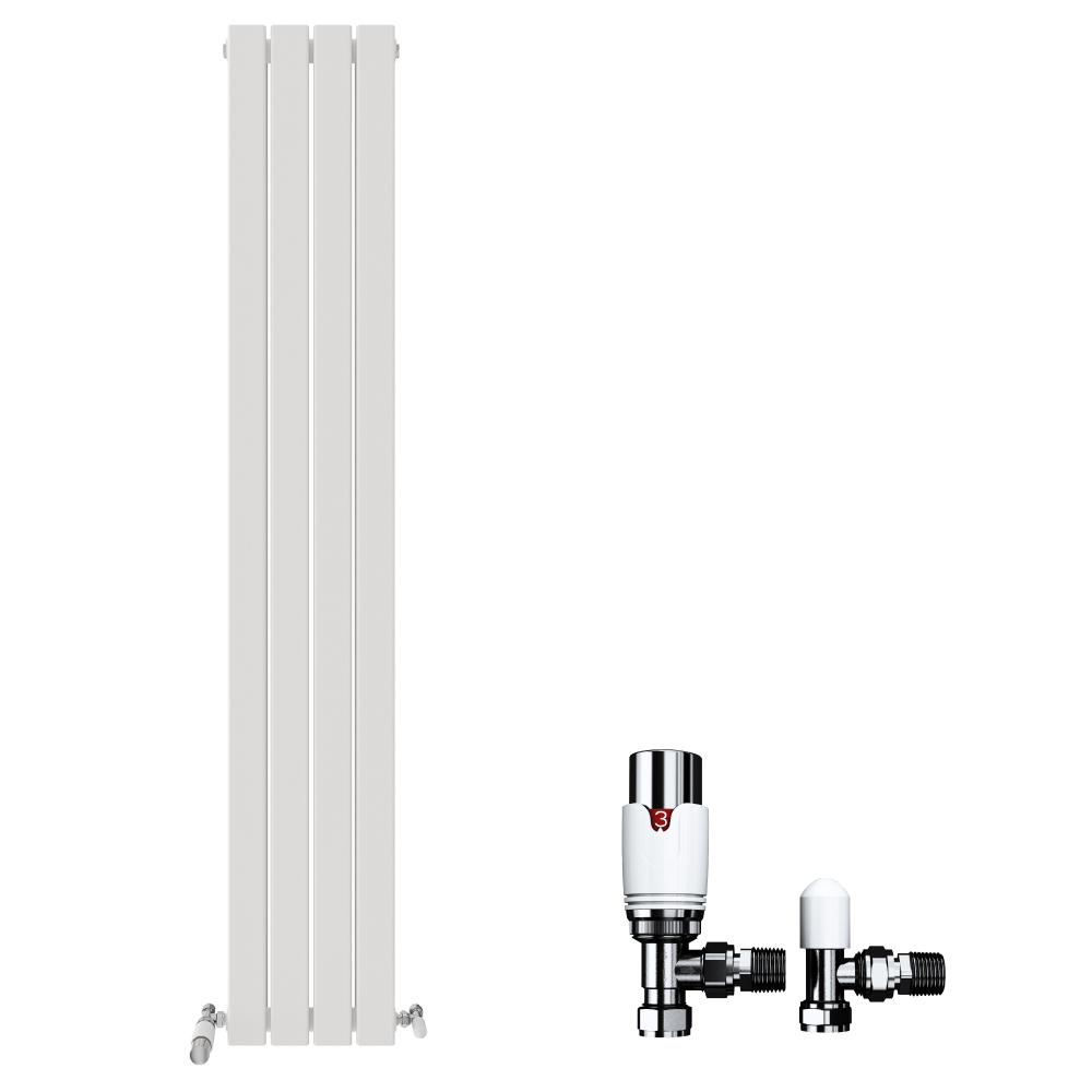 The iBathUK Apex Vertical Double Panel Slim Flat Radiator features a tall, slim white design with flat panels, shown with two metal radiator valves—one has a white thermostat head and the other a rounded cap—ideal for sleek, contemporary interiors.