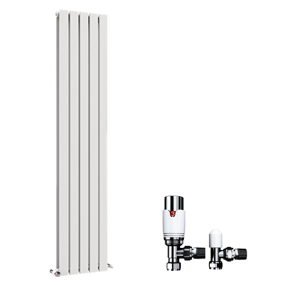 The iBathUK Apex Vertical Double Panel Slim Flat Designer Radiator is a tall, slim white radiator with modern chrome and white valves on the right, shown on a plain white background.