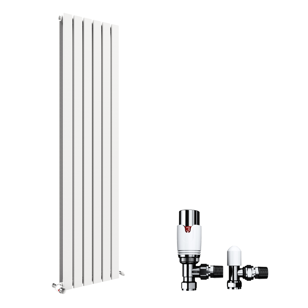 The iBathUK Apex Vertical Double Panel Slim Flat Designer Radiator stands tall in white, shown beside two metal radiator valves—one with a white handle, the other with a rounded white cap—against a plain white background.