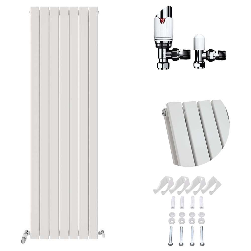 The iBathUK Apex Vertical Double Panel Slim Flat Radiator is a tall, white steel designer radiator with a slatted design and includes valves, wall brackets, and screws.