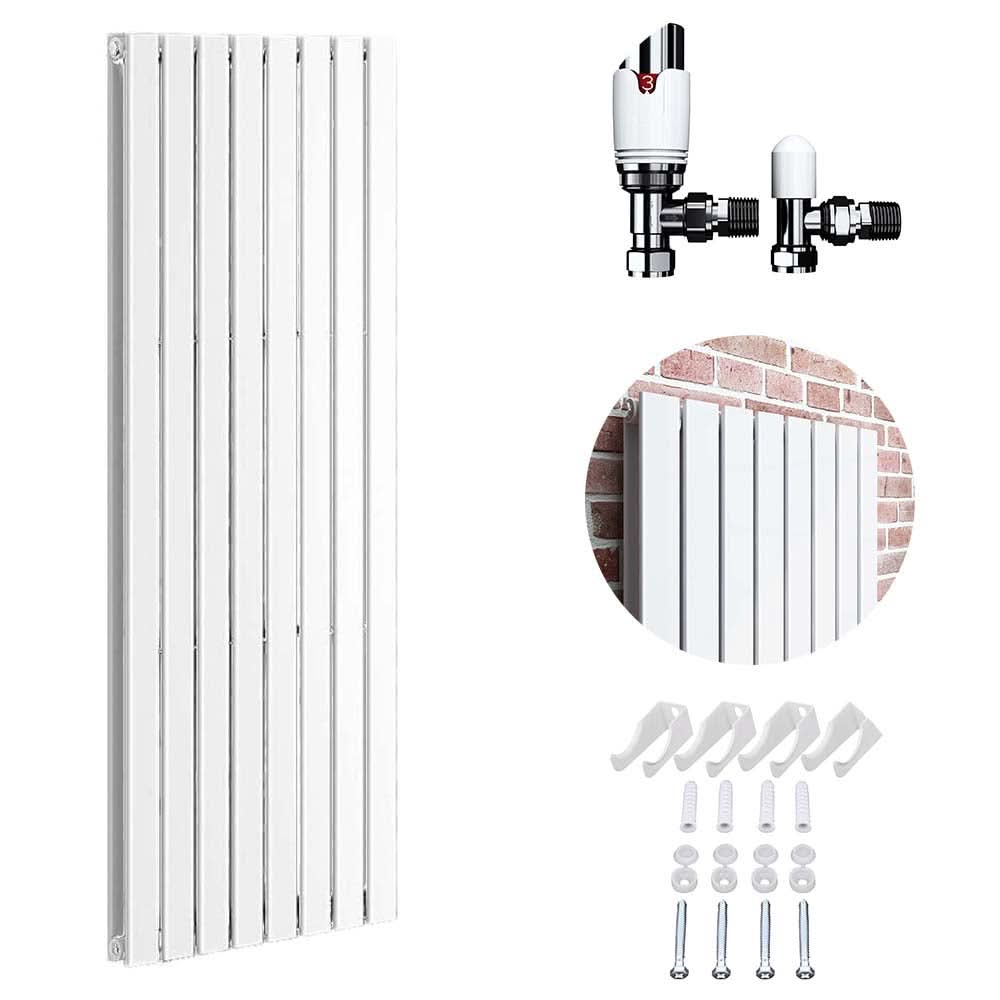 The iBathUK Apex Vertical Double Panel Slim Flat Designer Radiator is shown mounted on a brick wall with included installation hardware—brackets, screws, and plugs—visible below.