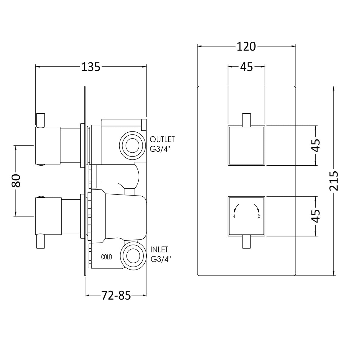 Knurl 2 Outlet Vertical Concealed Shower Valve With Diverter - Chrome