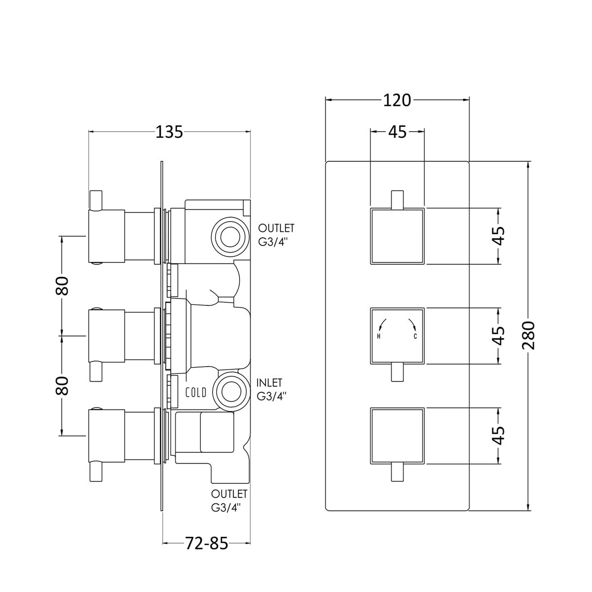 Knurl 3 Outlet Thermostatic Concealed Shower Valve With Diverter - Chrome