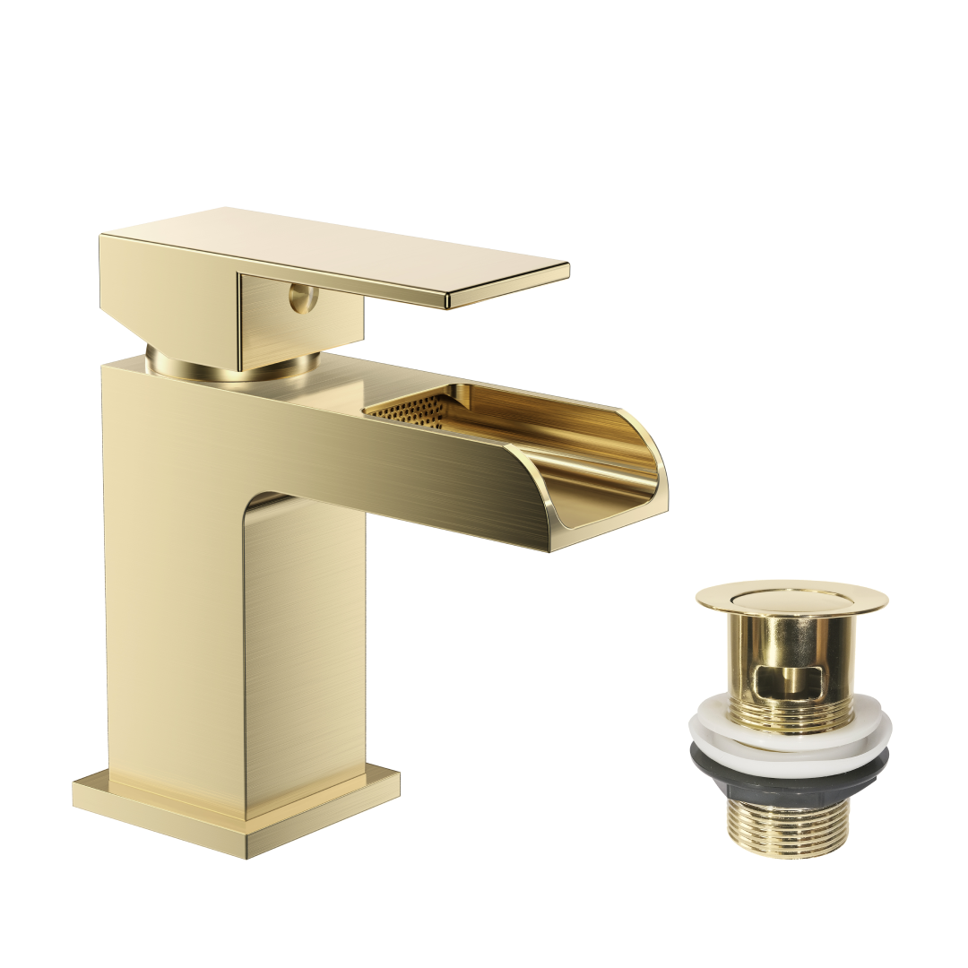 Kinetic Square Waterfall Mono Basin Mixer Tap with Push Button Waste