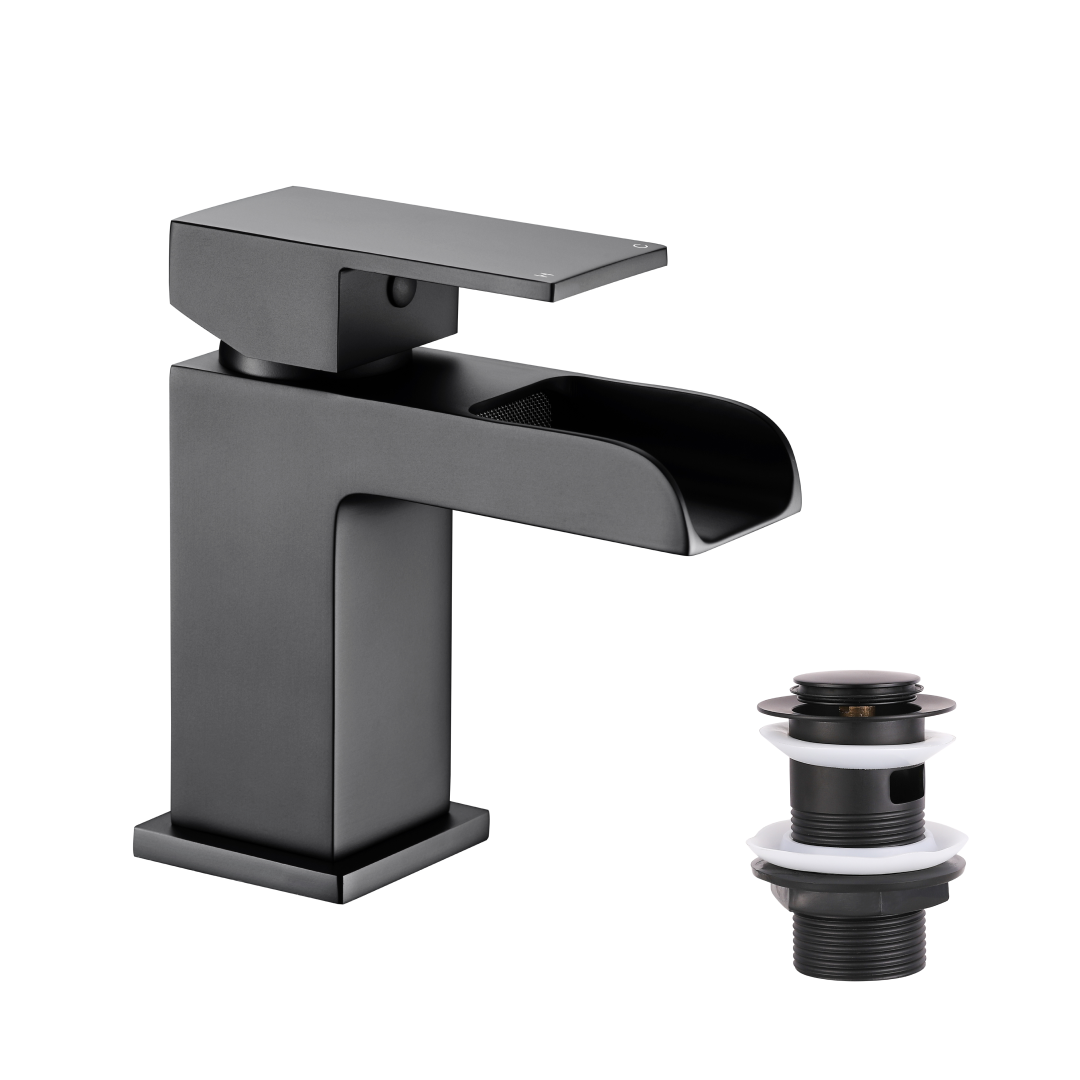 Kinetic Square Waterfall Mono Basin Mixer Tap with Push Button Waste