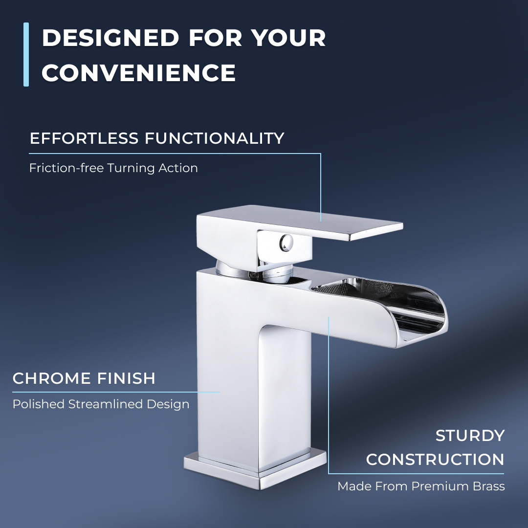Kinetic Square Waterfall Mono Basin Mixer Tap with Push Button Waste