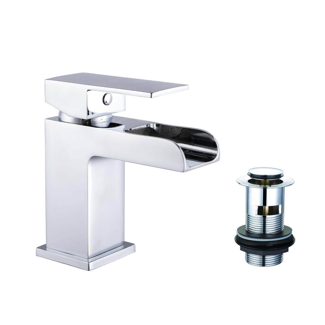 Kinetic Square Waterfall Mono Basin Mixer Tap with Push Button Waste