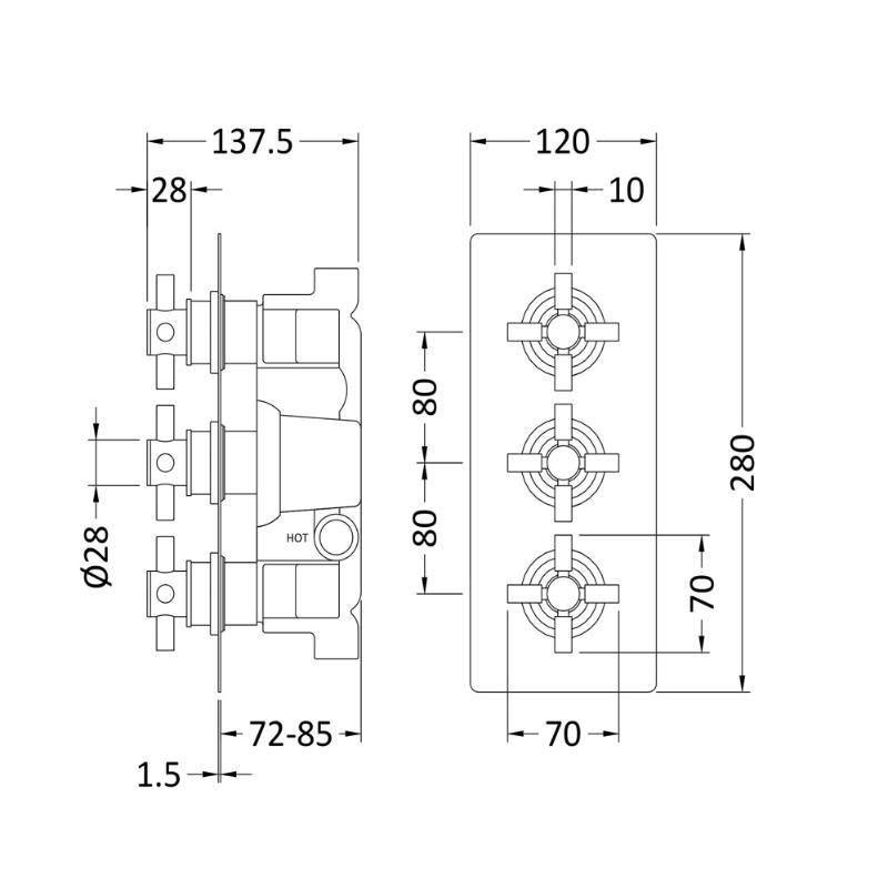 Axiom 3 Outlet Thermostatic Crosshead Concealed Valve With Diverter