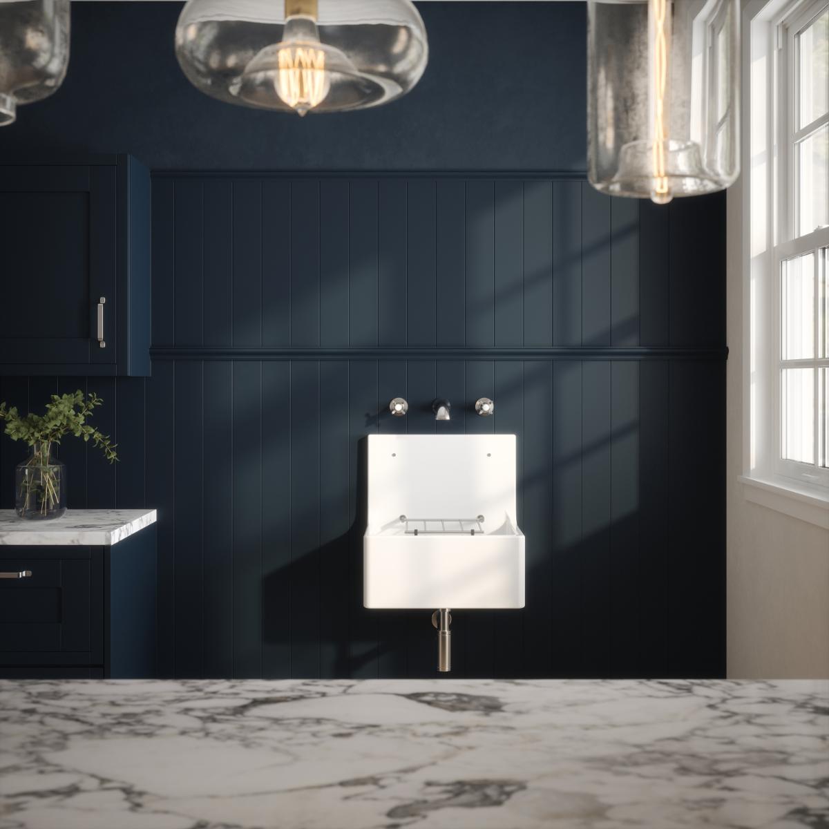 Inspire Single Bowl Traditional Cleaner Sink With Grid, Wall Bracket And Backsplash - White