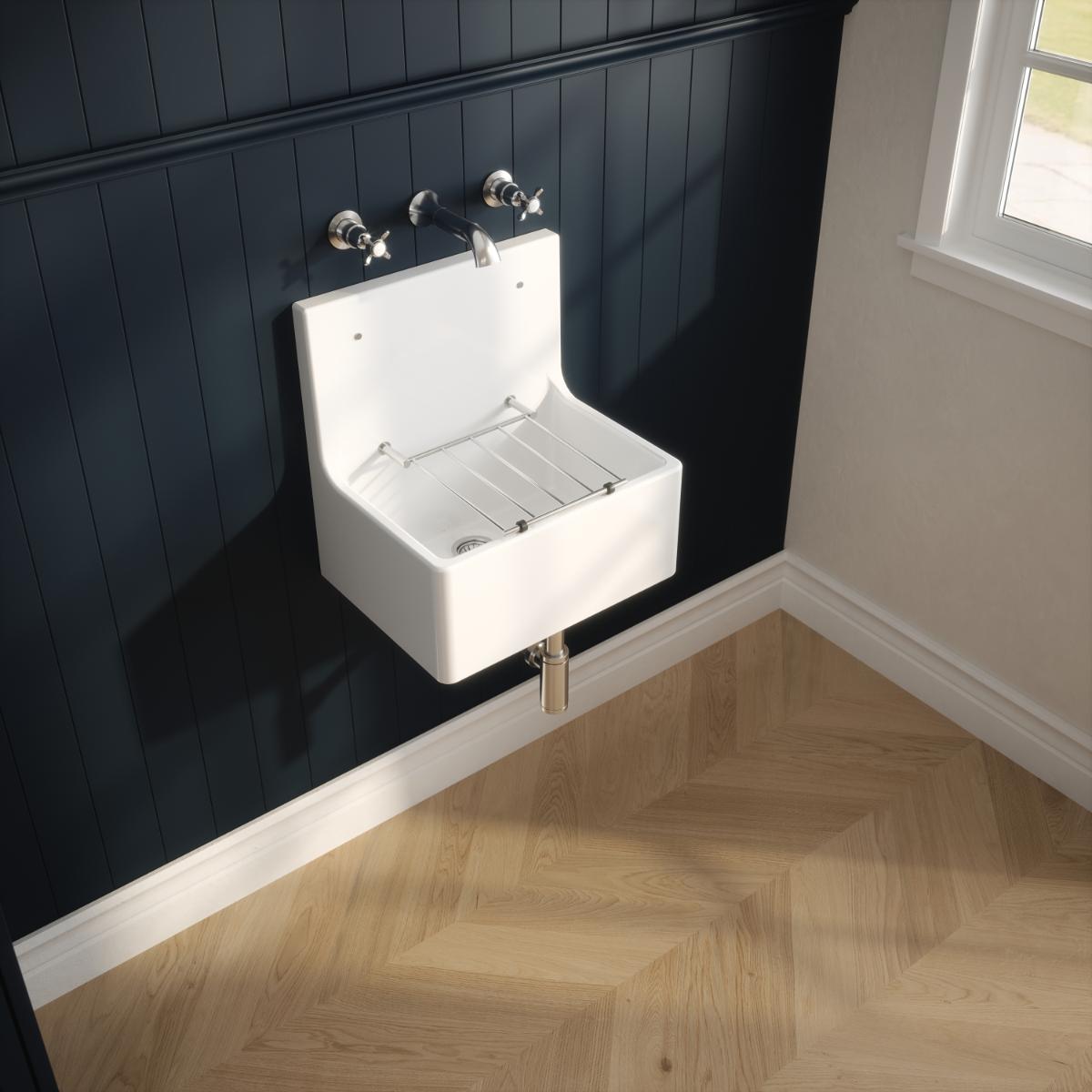 Inspire Single Bowl Traditional Cleaner Sink With Grid, Wall Bracket And Backsplash - White