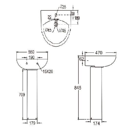 Palma Round Basin with Pedestal - 1 TH - White