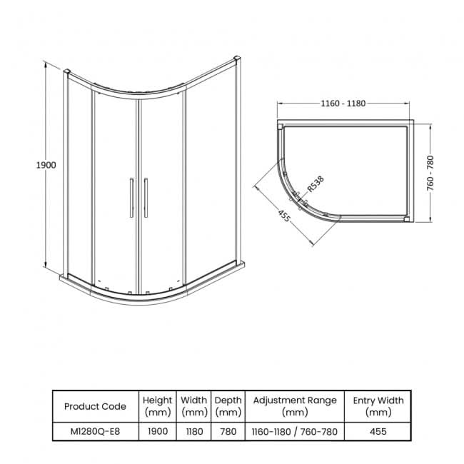 Oasis 8mm Glass 2 Door Offset Quadrant Shower Enclosure - Chrome