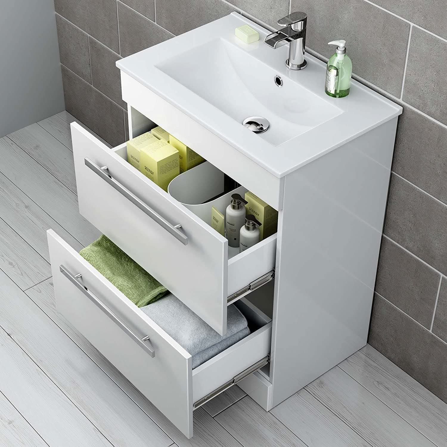 Avon 2 Drawer Floorstanding Vanity Unit With Basin - 615mm x 815mm - 1 Tap Hole - Gloss White