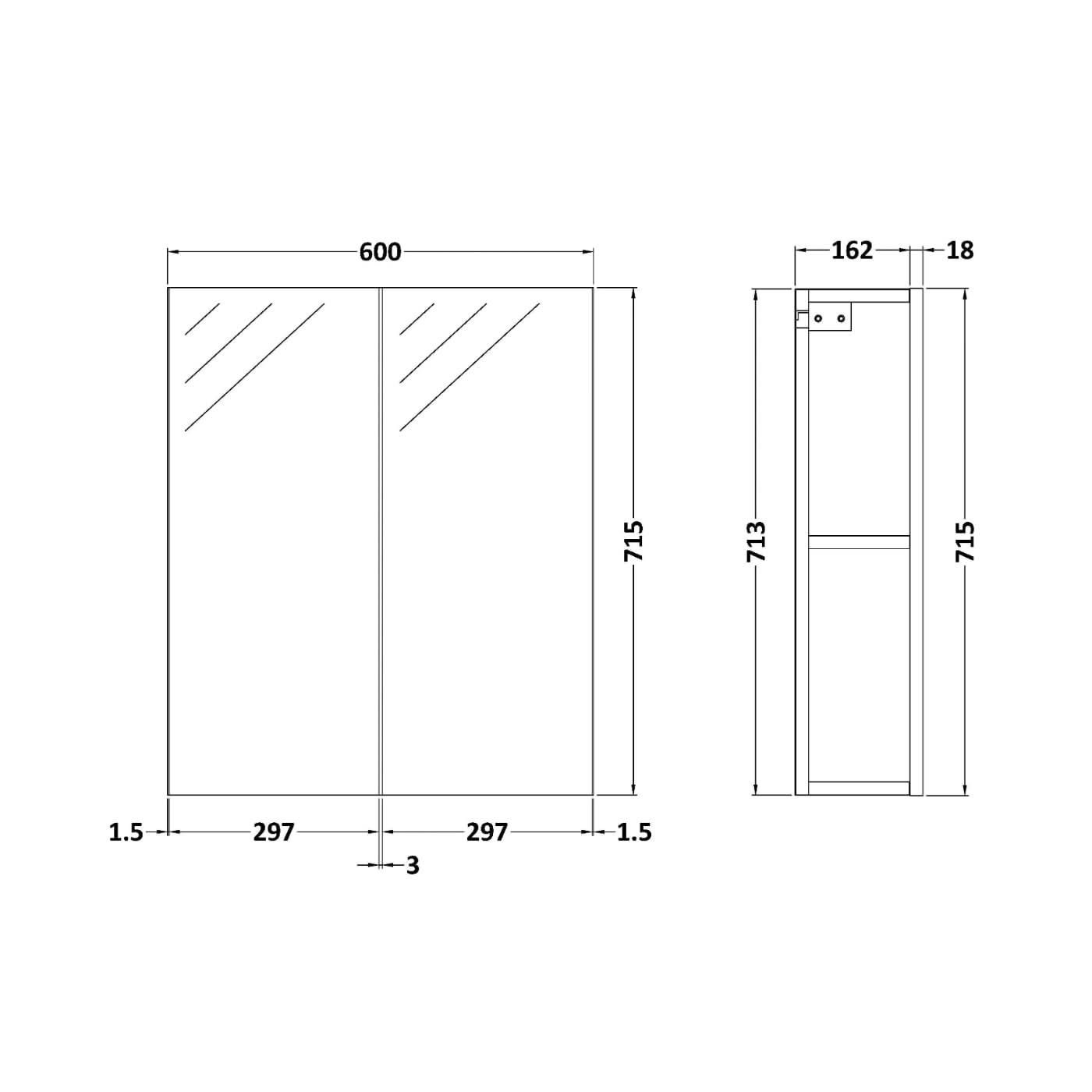 Zenith Non LED Touch Sensor Illuminated Mirror Cabinet 50/50 - 713mm x 600mm - Gloss Grey