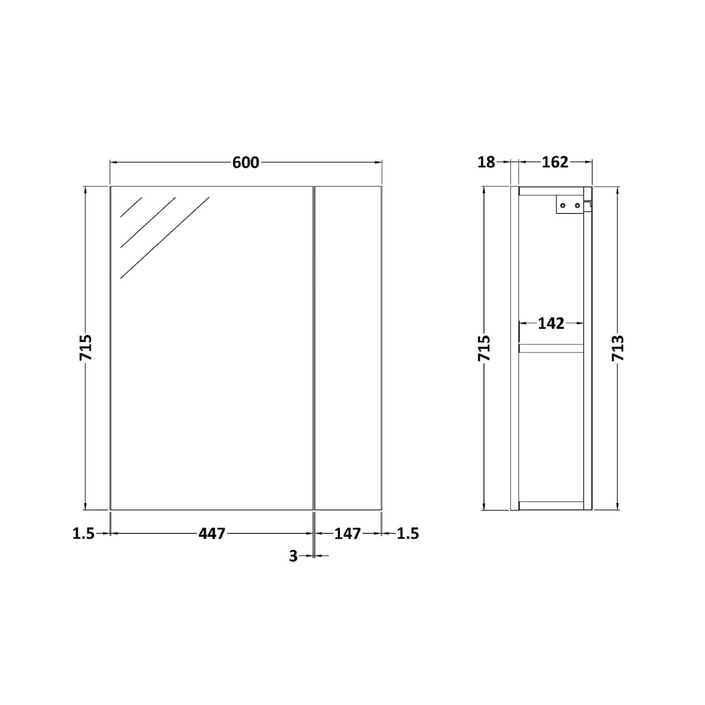 Zenith Non LED Touch Sensor Illuminated Mirror Cabinet 75/25 - 713mm x 600mm - Gloss Grey