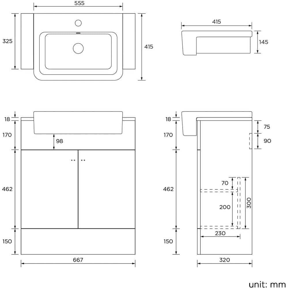 Harper 2 Door Floorstanding Vanity Unit With Semi Recessed Basin - 660mm x 800mm