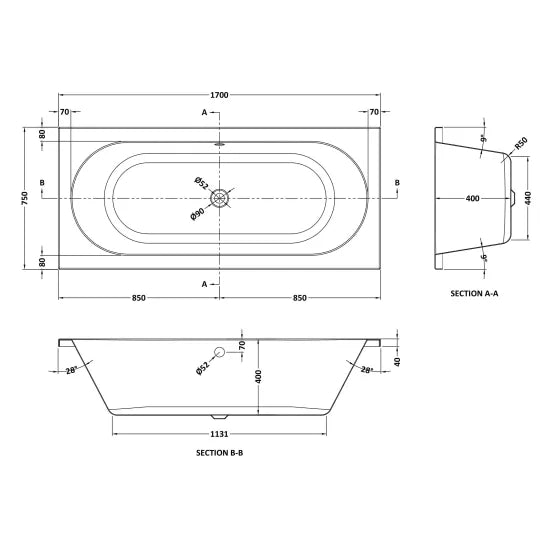 Thornbury Round Double Ended Rectangular Bath With Legs - White