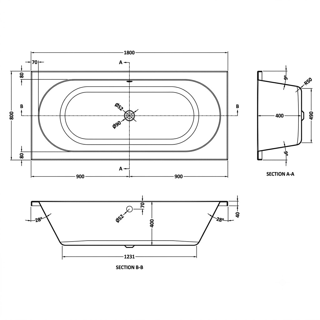 Thornbury Round Double Ended Rectangular Bath With Legs - White