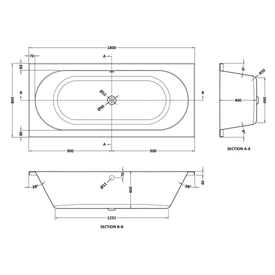 Thornbury Round Double Ended Rectangular Bath With Legs - White