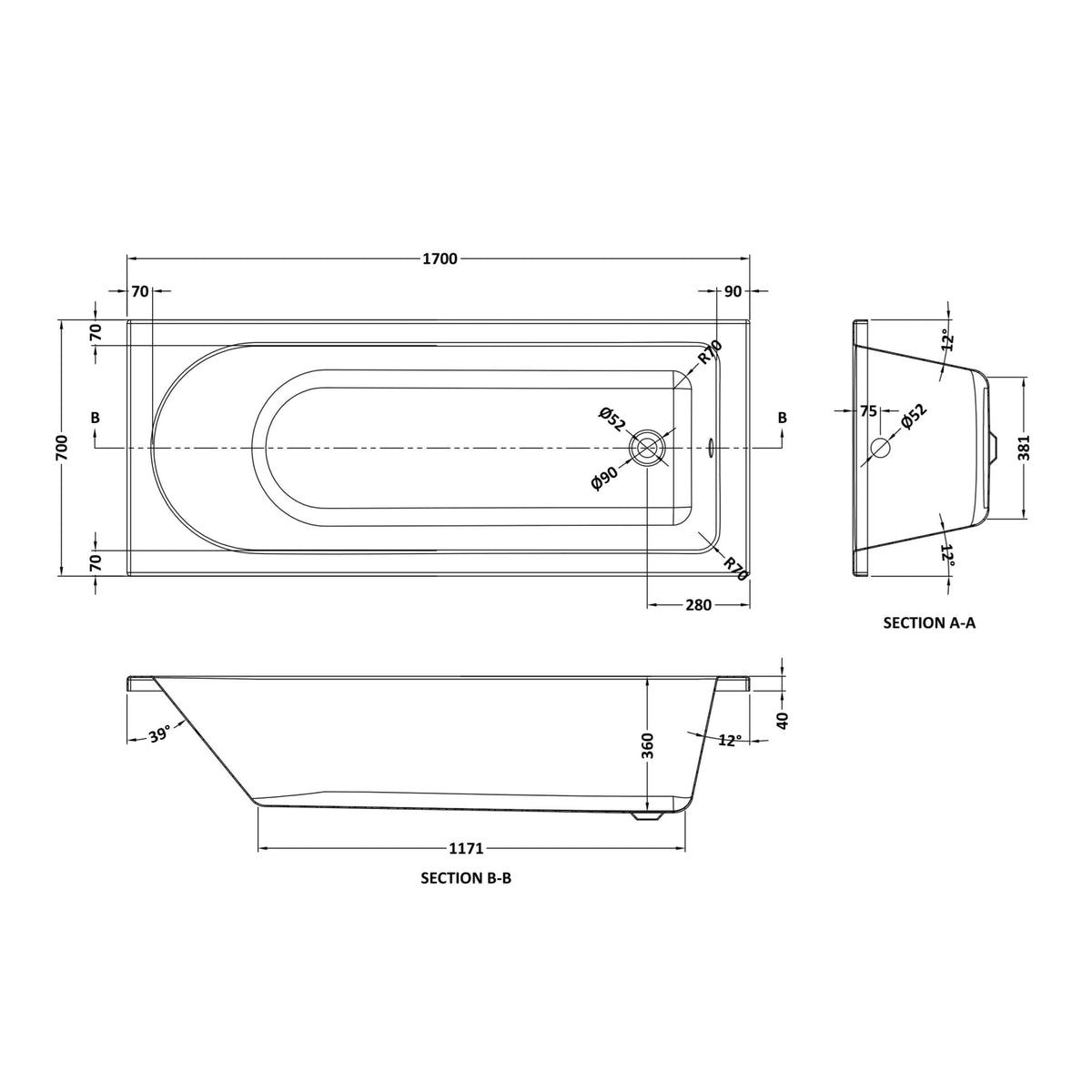Bamby Straight Round Single Ended Rectangular Bath With Legs - White