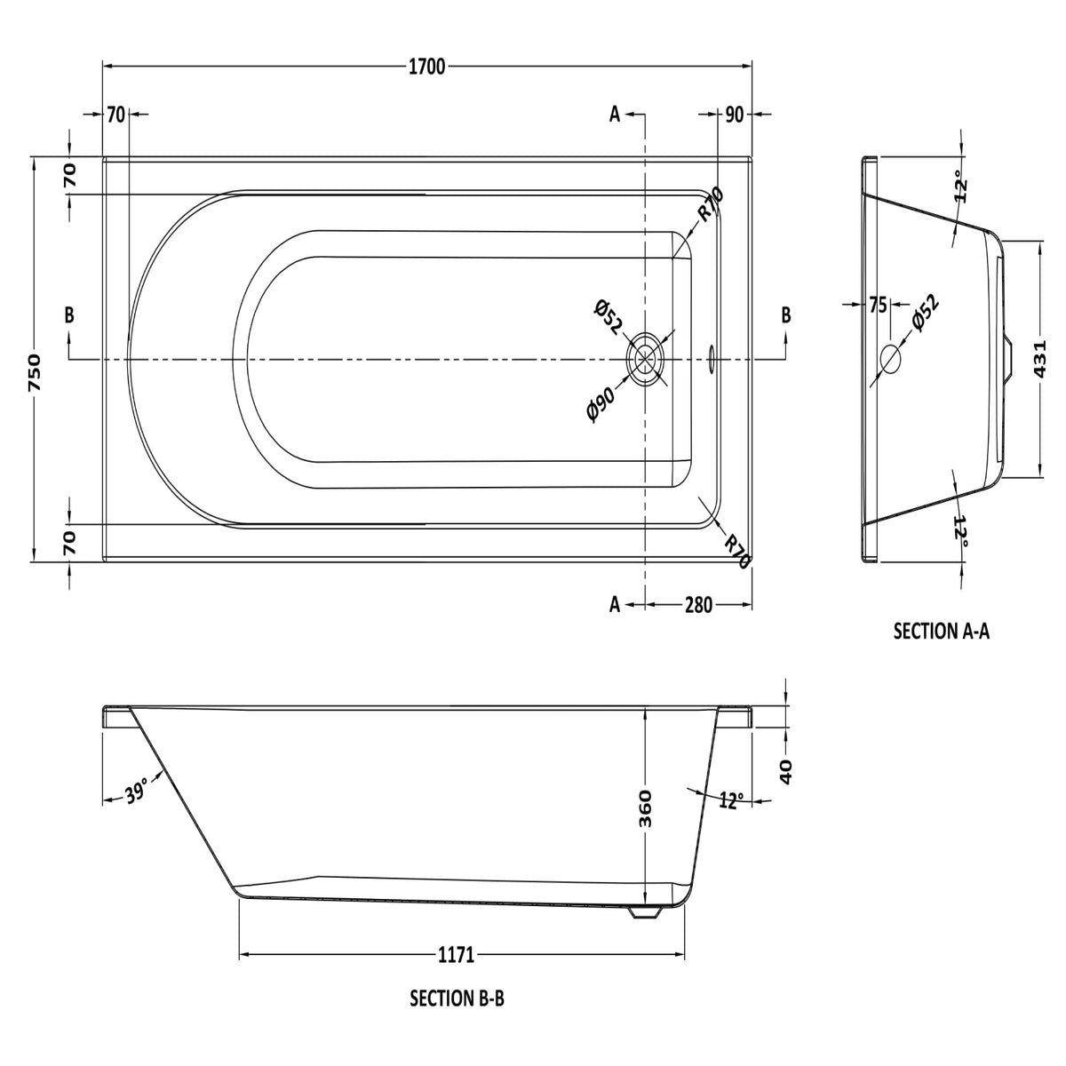 Bamby Straight Round Single Ended Rectangular Bath With Legs - White