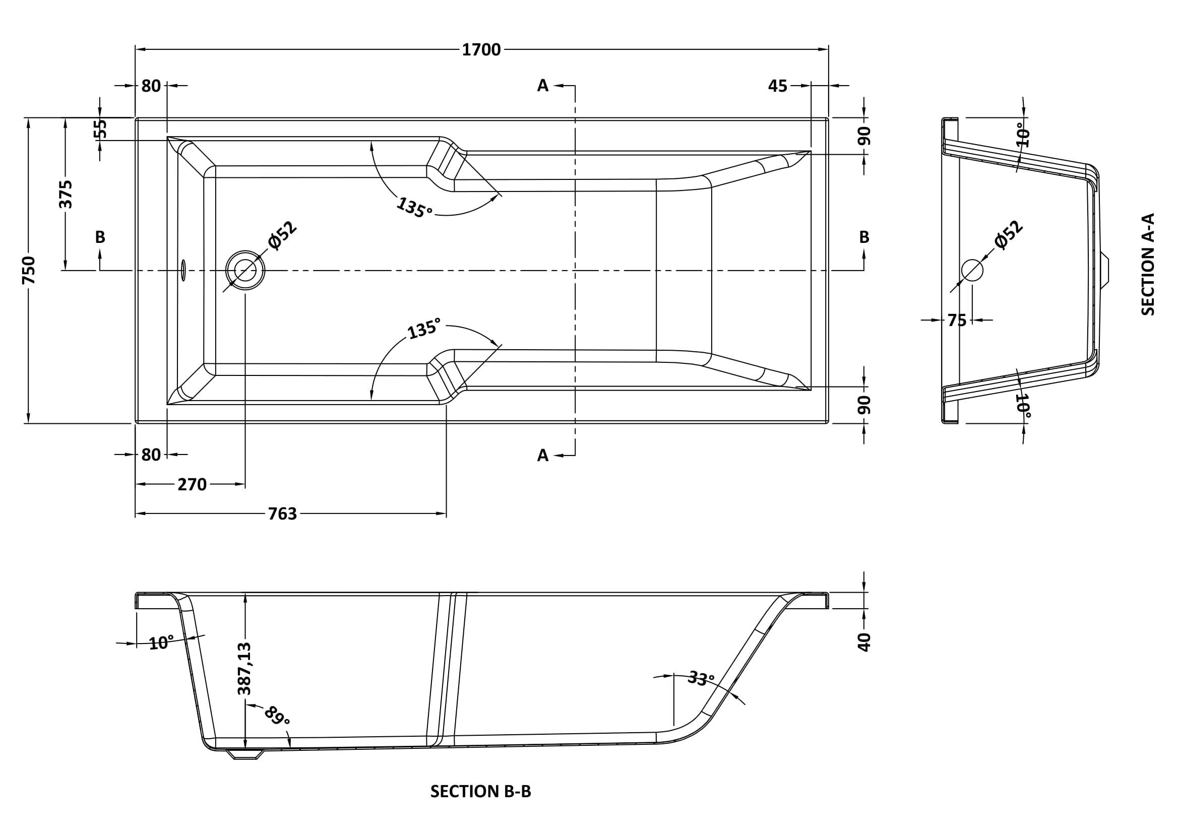 Alpha Square Single Ended Shower Bath With Legs - 1700mm x 750mm - White