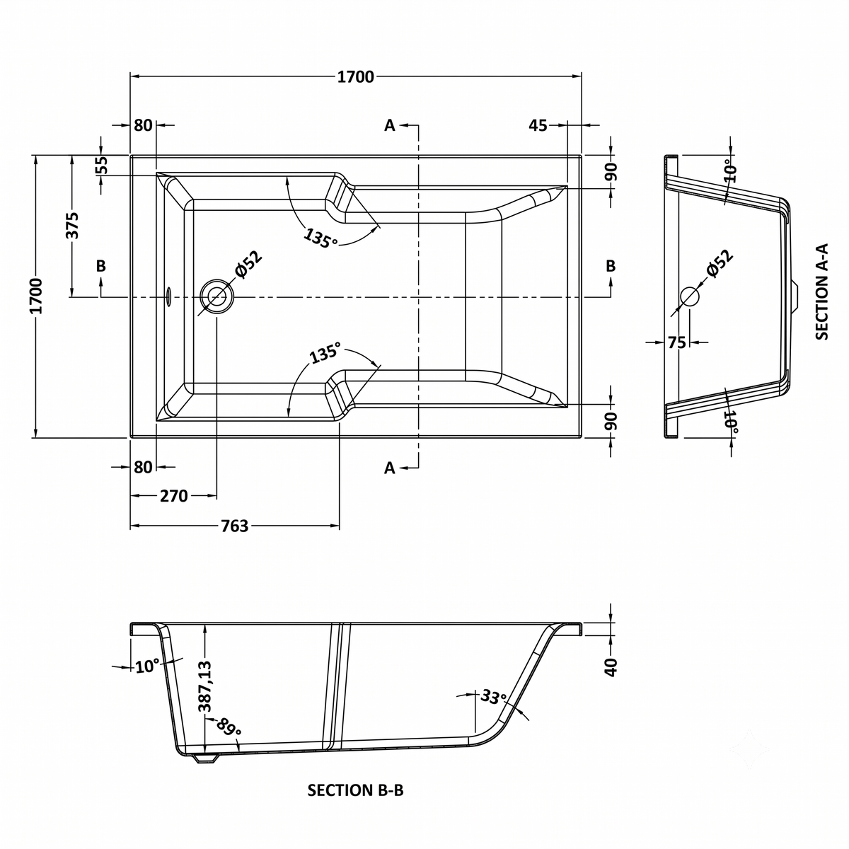 Alpha Rectangular Single Ended Shower Bath With Legs - 1700mm x 750mm - White