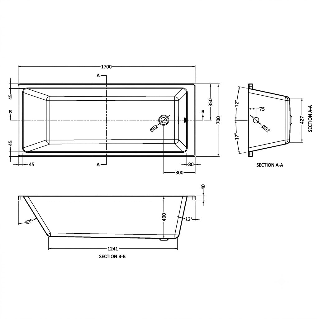 Terra Thin Edge Rectangular Single Ended Bath with Legs - White