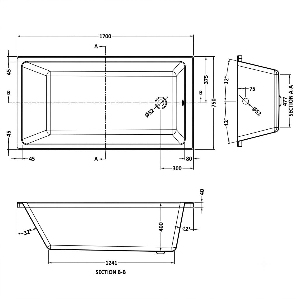 Terra Thin Edge Rectangular Single Ended Bath with Legs - White
