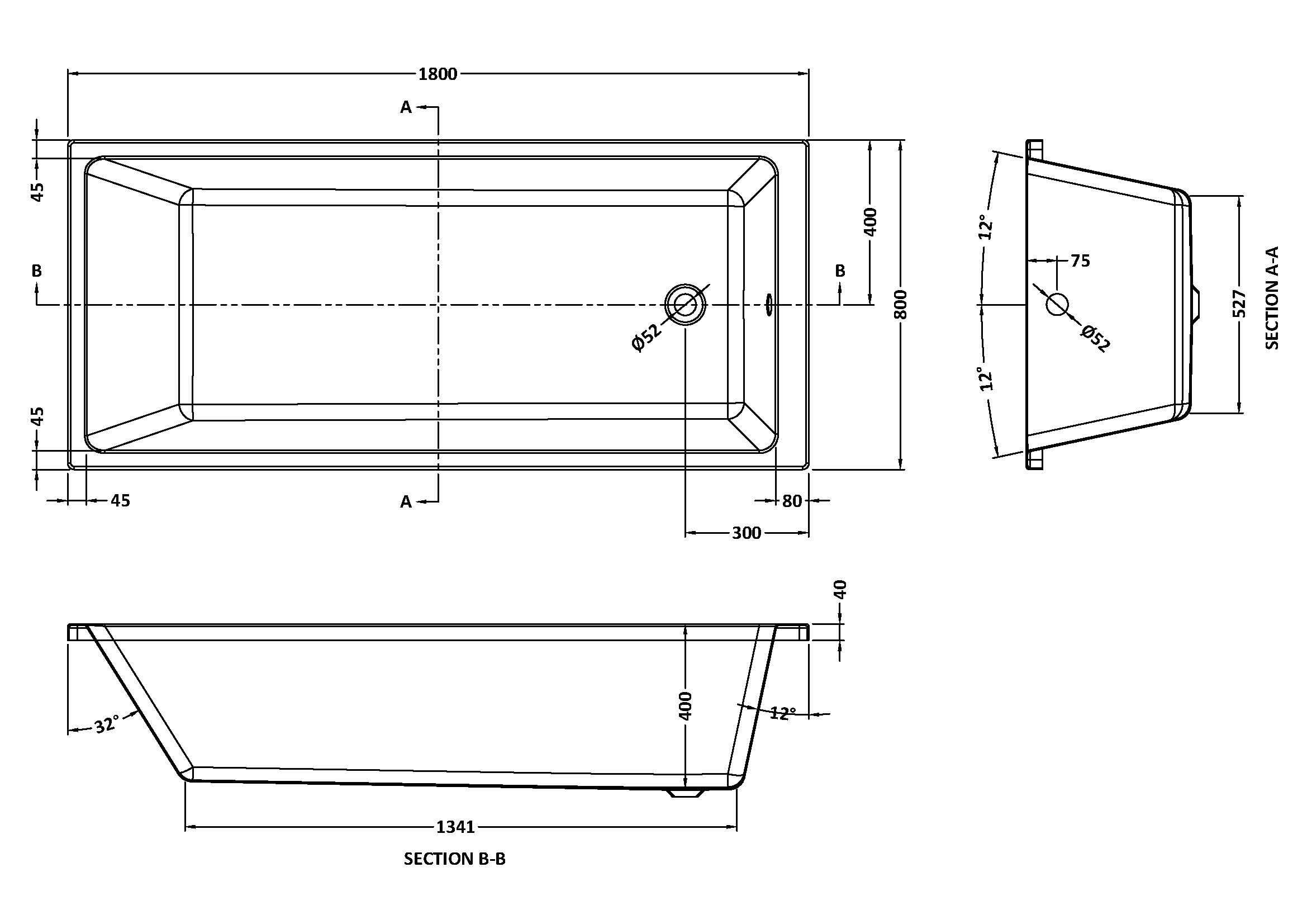 Terra Thin Edge Single Ended Square Bath With Legs - White